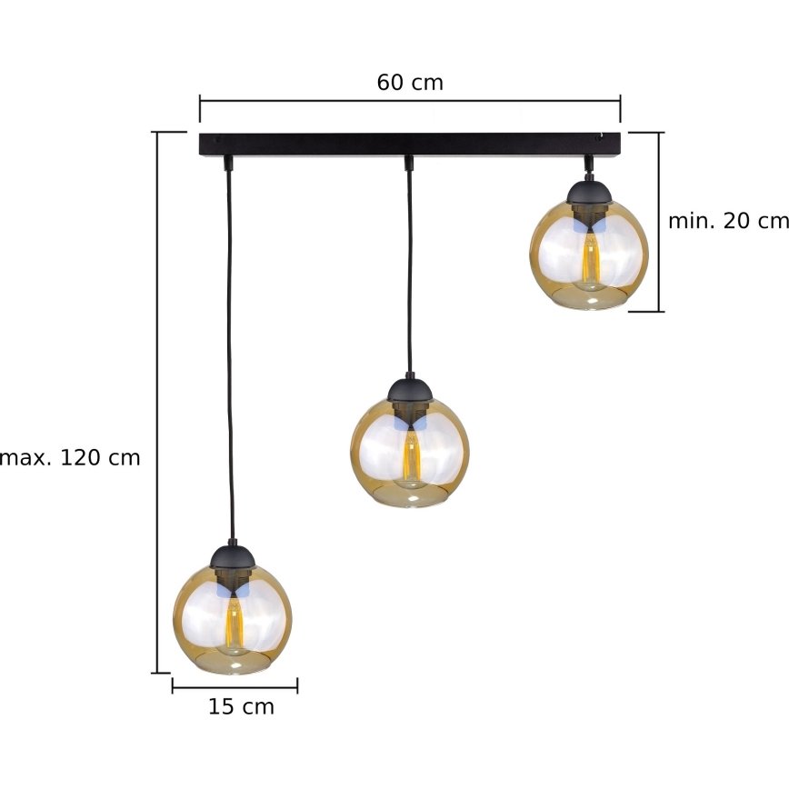 Suspension filaire AMBRE BLACK 3xE27/60W/230V noir/fumé marron