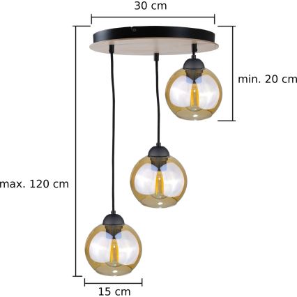 Suspension filaire AMBRE WOOD 3xE27/60W/230V diam. 30 cm