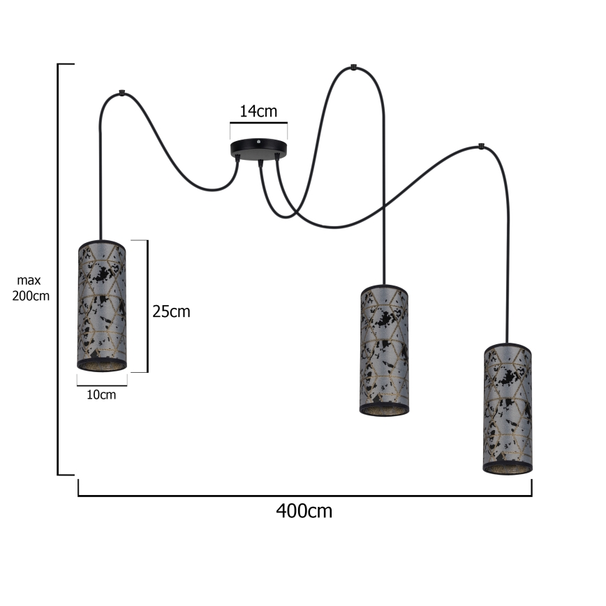 Suspension filaire AVALO 3xE27/60W/230V araignée gris/noir