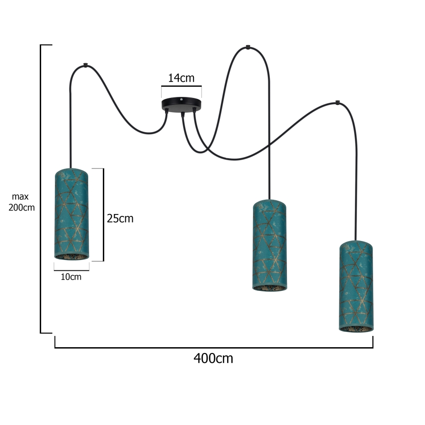 Suspension filaire AVALO 3xE27/60W/230V araignée turquoise/doré