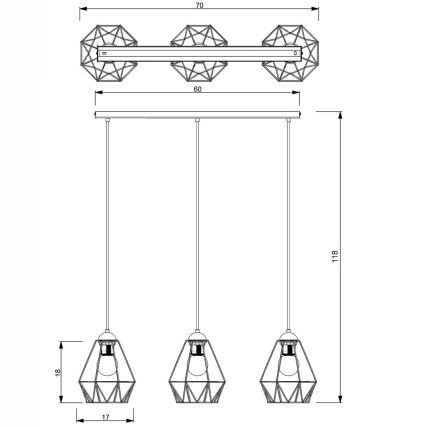 Suspension filaire BERGEN 3xE27/60W/230V noir