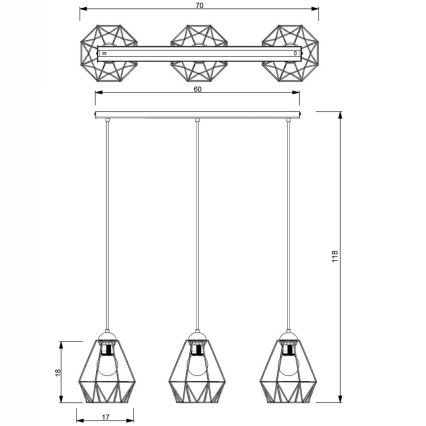 Suspension filaire BERGEN 3xE27/60W/230V noire/dorée