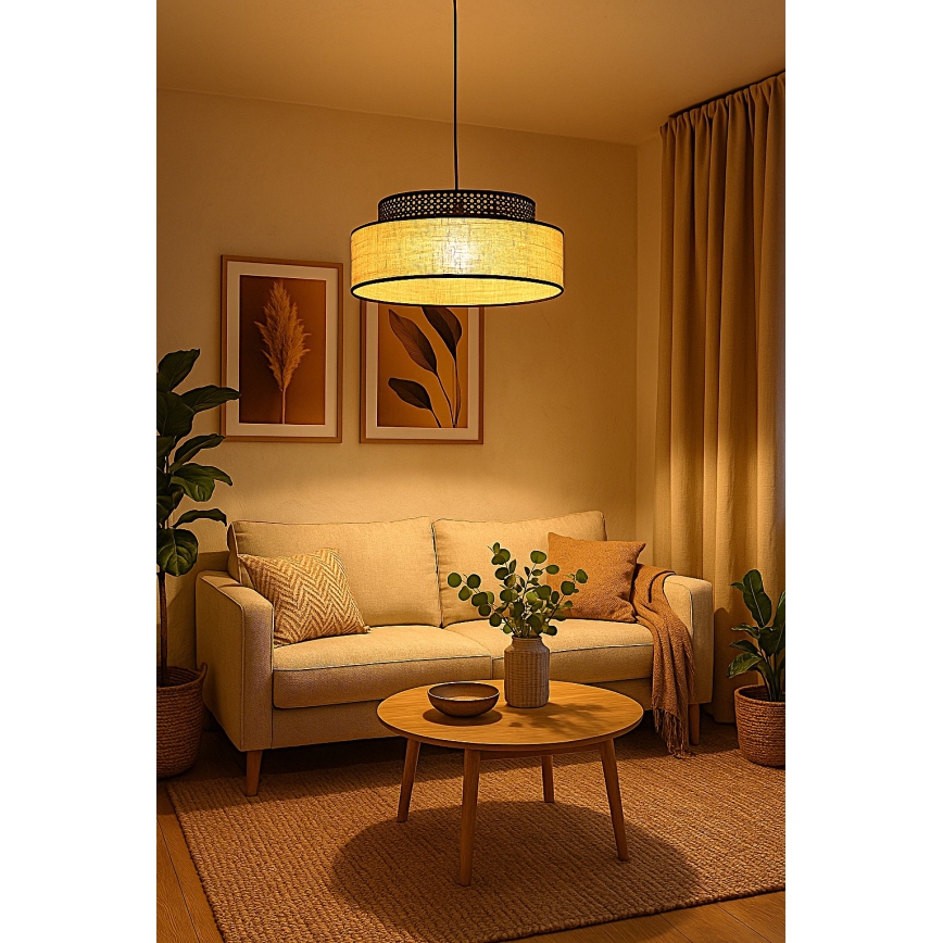 Suspension filaire BOHO 1xE27/60W/230V d. 40 cm noir/rotin
