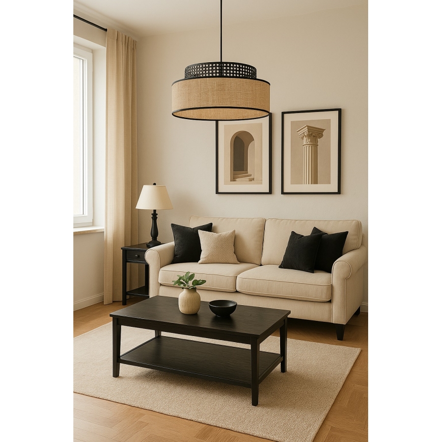 Suspension filaire BOHO 1xE27/60W/230V d. 40 cm noir/rotin