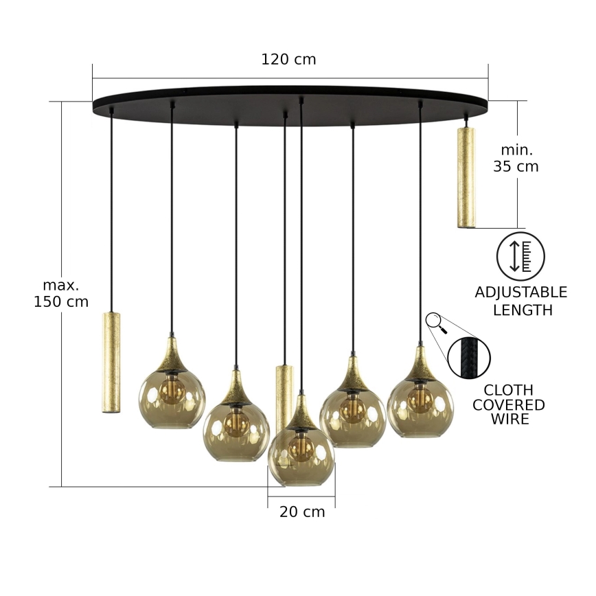 Suspension filaire CALYPSO 3xGU10/60W/230V + 5xE27/60W noir/doré