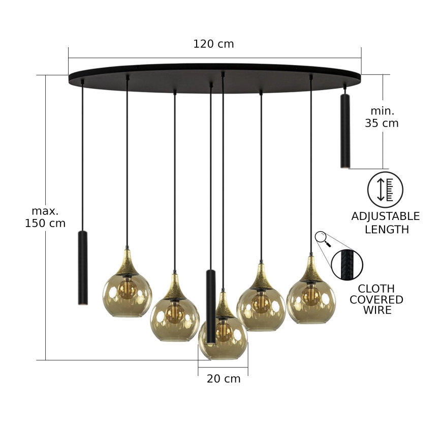 Suspension filaire CALYPSO 3xGU10/60W/230V + 5xE27/60W noir/doré