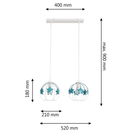 Suspension filaire enfant STARS 2xE27/15W/230V turquoise/blanc