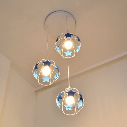 Suspension filaire enfant STARS 3xE27/15W/230V bleu/blanc