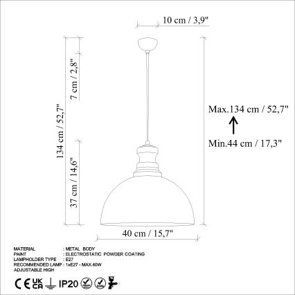Suspension filaire KURE 1xE27/40W/230V d. 40 cm gris