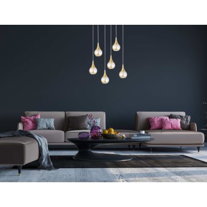 Suspension filaire LACRIMA HONEY 6xE27/60W/230V blanc/doré/fumé beige