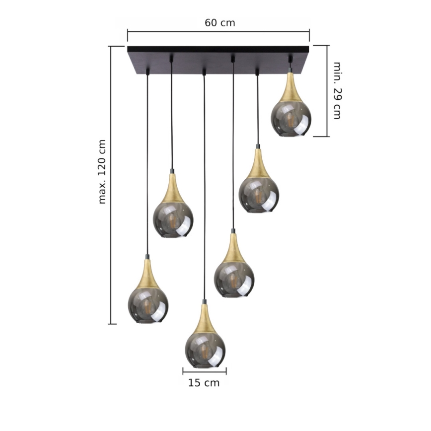 Suspension filaire LACRIMA SMOKY 6xE27/60W/230V noir/doré/fumé noir