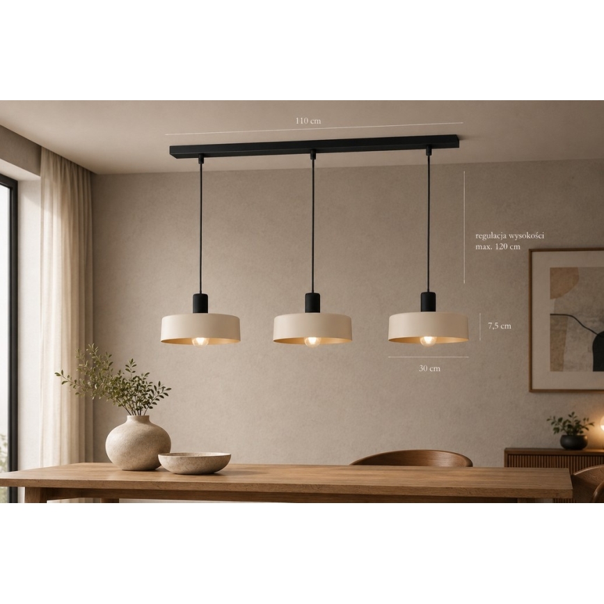 Suspension filaire LATTE 3xE27/60W/230V beige/noir