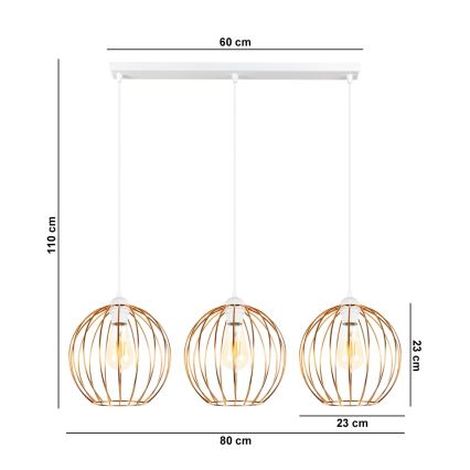 Suspension filaire MATT 3xE27/60W/230V blanc/cuivre