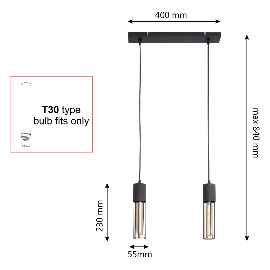 Suspension filaire MELODY 2xE27/15W/230V noir