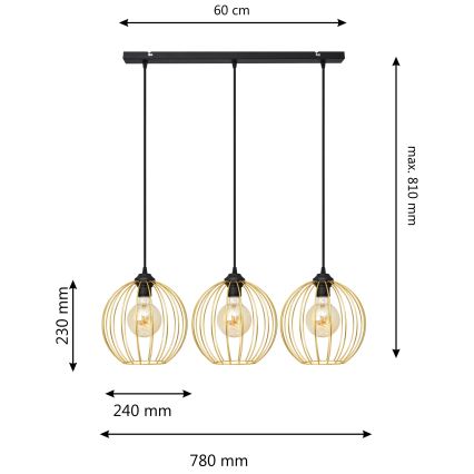 Suspension filaire MERCURE 3xE27/15W/230V doré/noir