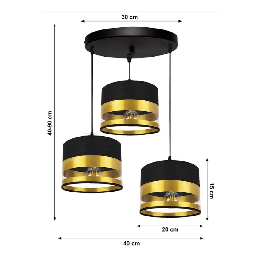 Suspension filaire MILO 3xE27/60W/230V dorée/noire