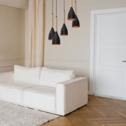 Suspension filaire MUZA 5xE27/15W/230V noir/beige/cuivre/hêtre