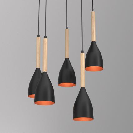 Suspension filaire MUZA 5xE27/15W/230V noir/beige/cuivre/hêtre