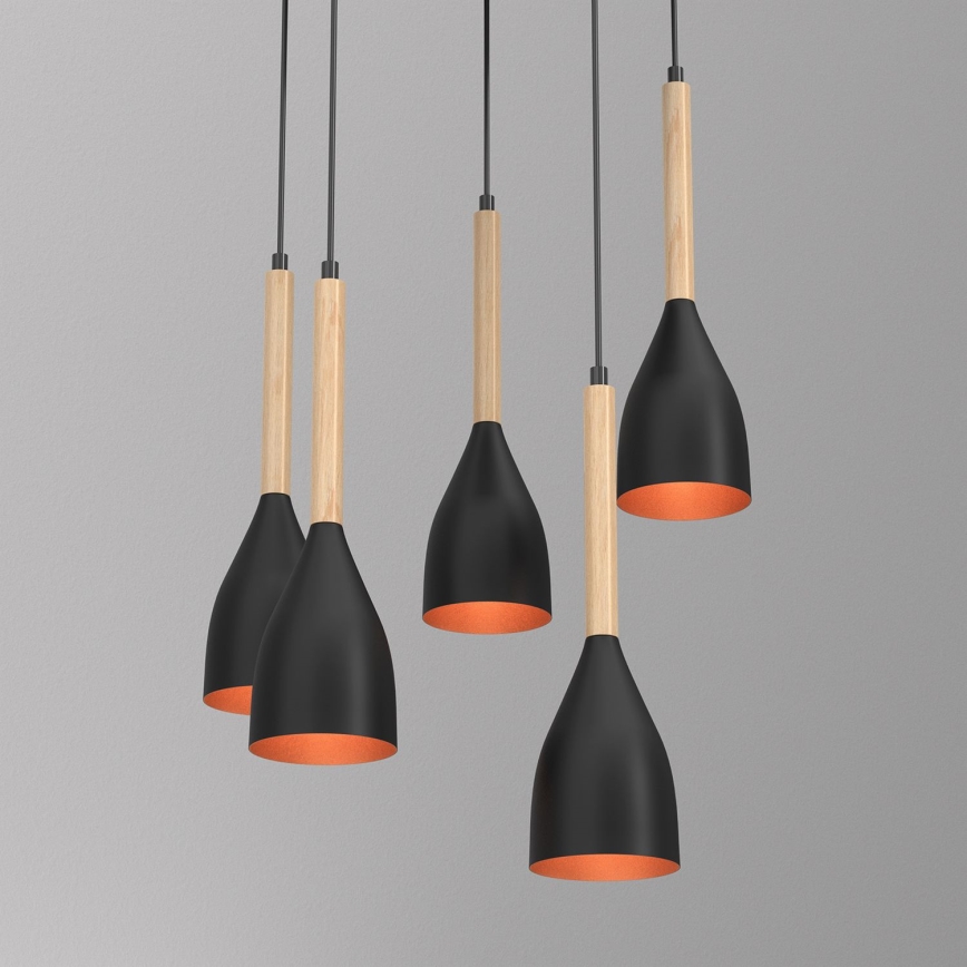 Suspension filaire MUZA 5xE27/15W/230V noir/beige/cuivre/hêtre