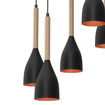 Suspension filaire MUZA 5xE27/15W/230V noir/beige/cuivre/hêtre