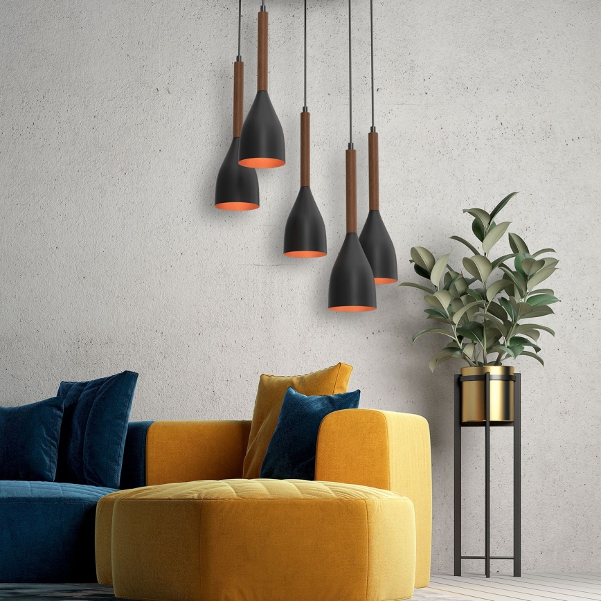 Suspension filaire MUZA 5xE27/15W/230V noir/marron/cuivre/hêtre