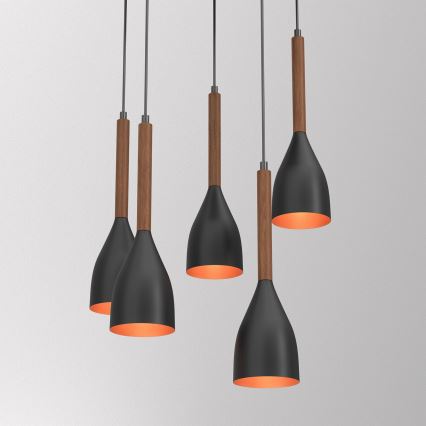Suspension filaire MUZA 5xE27/15W/230V noir/marron/cuivre/hêtre