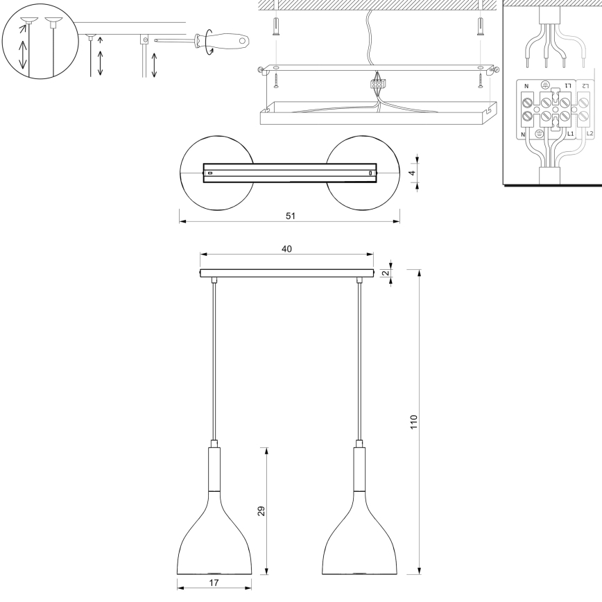 Suspension filaire NOAK 2xE27/15W/230V blanc/chrome brillant