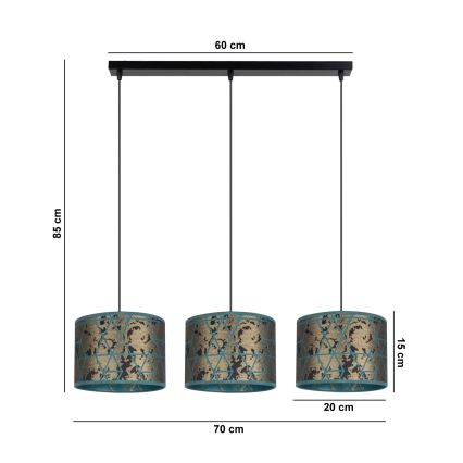 Suspension filaire REZO 3xE27/60W/230V dorée/turquoise