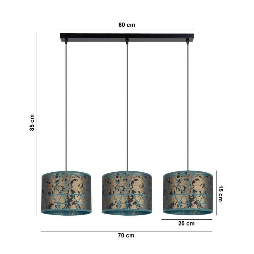 Suspension filaire REZO 3xE27/60W/230V dorée/turquoise