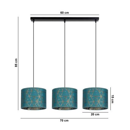 Suspension filaire REZO 3xE27/60W/230V turquoise