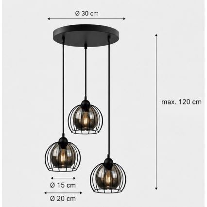 Suspension filaire SOLO BLACK 3xE27/60W/230V diam. 30 cm