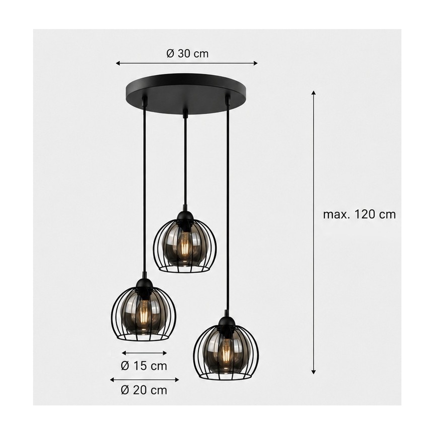 Suspension filaire SOLO BLACK 3xE27/60W/230V diam. 30 cm
