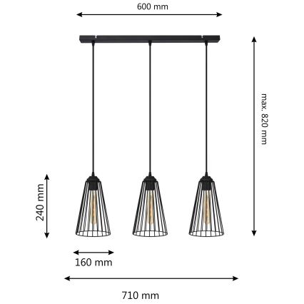 Suspension filaire TORRI 3xE27/15W/230V noir