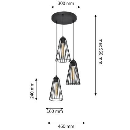 Suspension filaire TORRI 3xE27/15W/230V noir