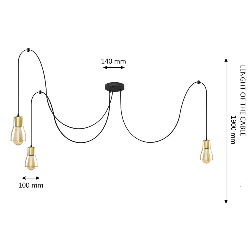 Suspension filaire TUBE 3xE27/10W/230V araignée noir/doré