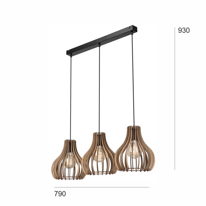 Suspension filaire TUCCI 3xE27/15W/230V chêne/noir