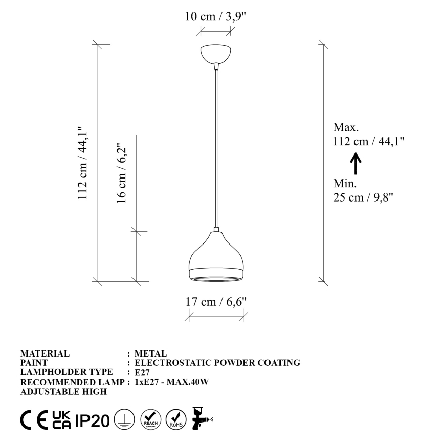 Suspension filaire YILDO 1xE27/40W/230V blanc/doré