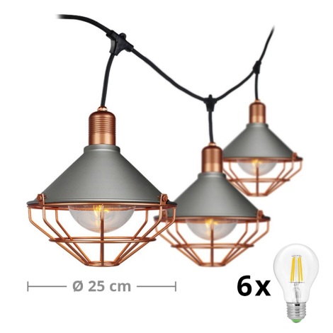 Suspension LED de jardin PREMIUM STRING 3m 6xE27 / 8W / 230V IP65 grise/bronze