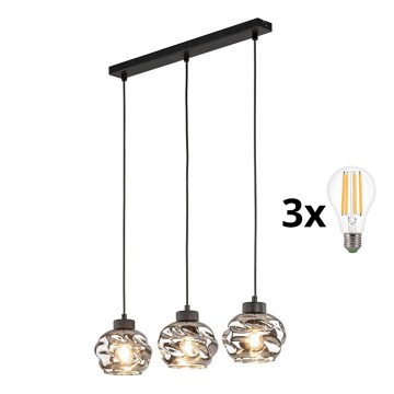 Suspension LED sur câble ZULIA 3x E27/15W/230V noir/noir fumé