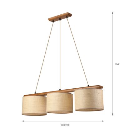 Suspension sur câble AIDA 3xE27/15W/230V Ø 25 cm chêne/raphia