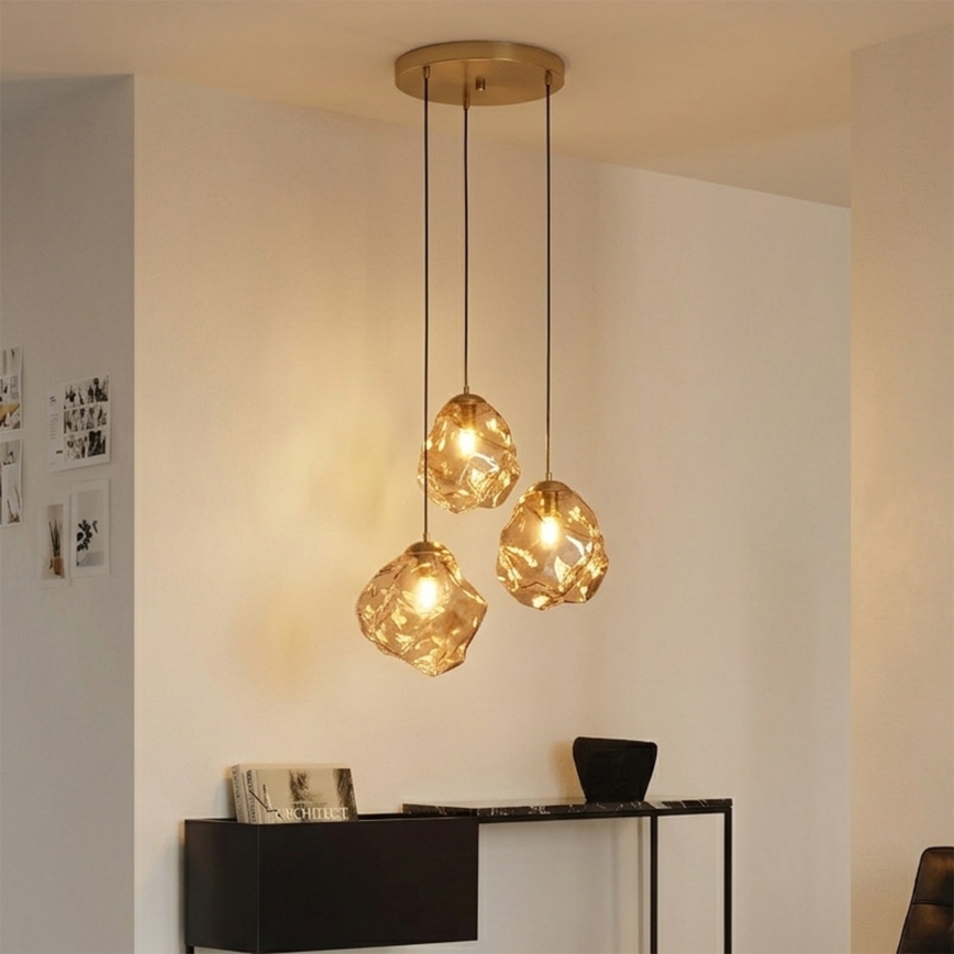 Suspension sur câble CRISTAL 3xE14/15W/230V, laiton/beige fumé