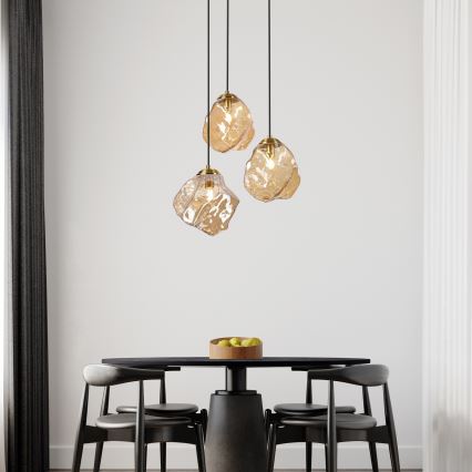 Suspension sur câble CRISTAL 3xE14/15W/230V, laiton/beige fumé