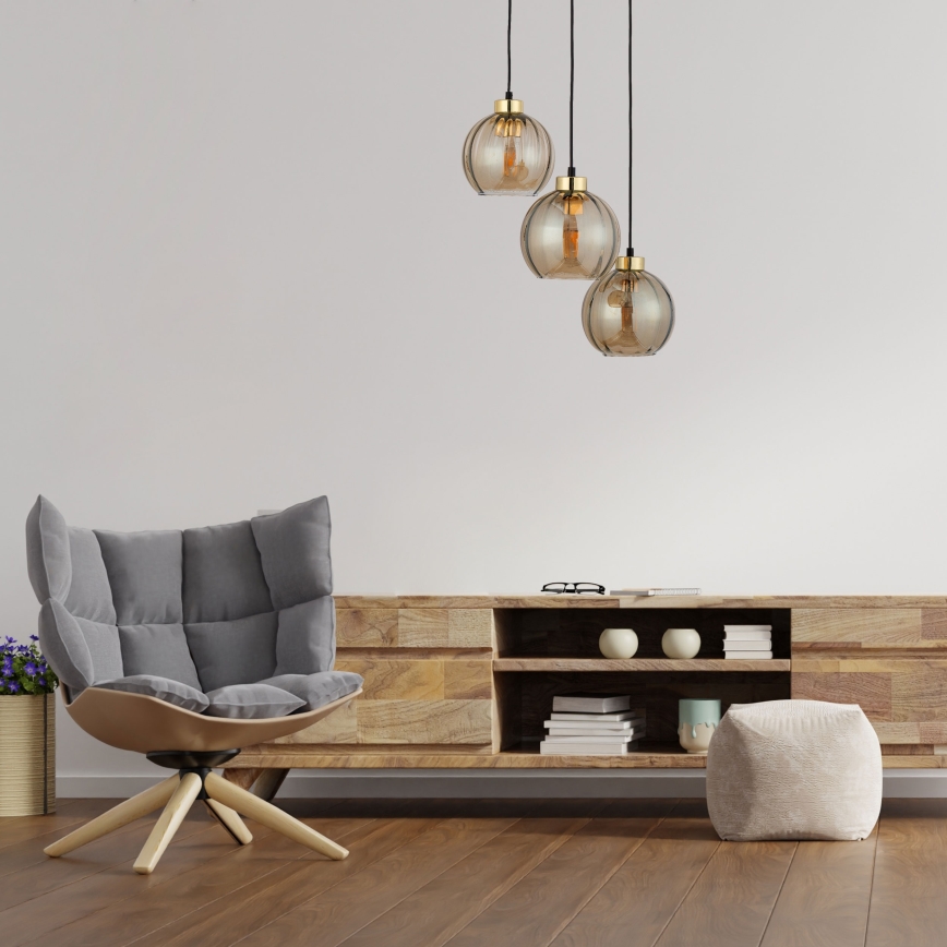 Suspension sur câble DEVI 3xE27/15W/230V noir/beige fumé