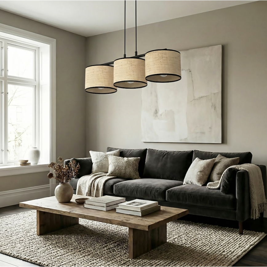 Suspension sur câble ECO 3xE27/15W/230V beige/rotin