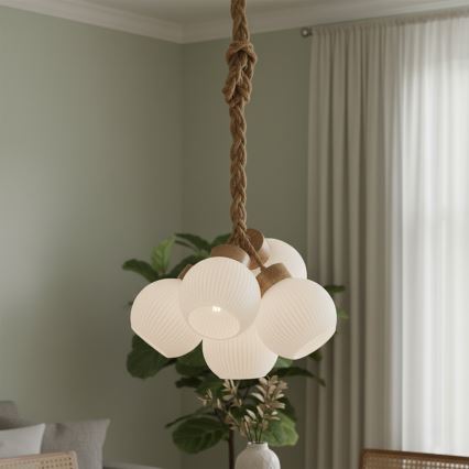 Suspension sur câble LOOMIS 5xE27/15W/230V 130 cm beige/chêne