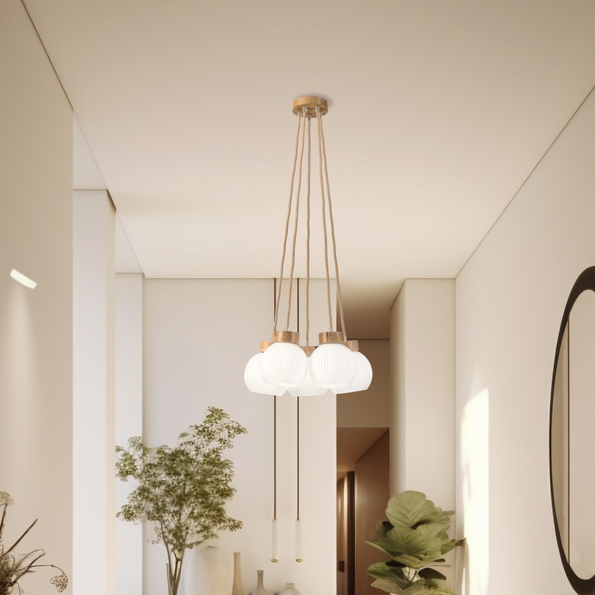 Suspension sur câble LOOMIS 5xE27/15W/230V 83 cm beige/chêne