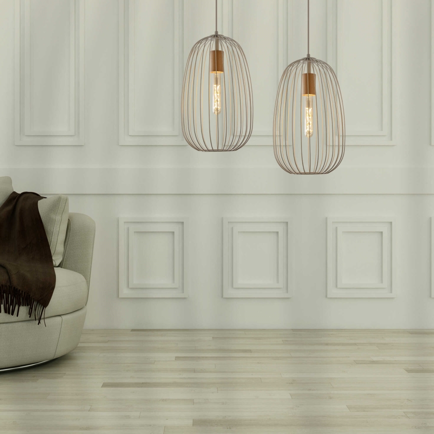 Suspension sur câble OVELLA 1xE27/15W/230V, diam. 25 cm, crème/pin