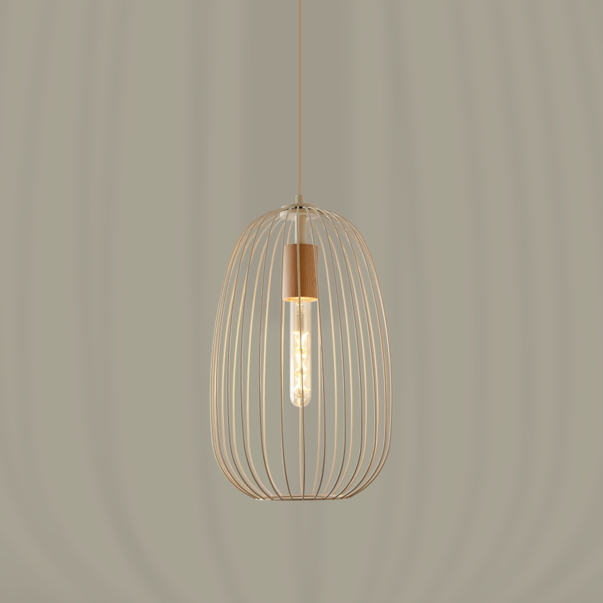 Suspension sur câble OVELLA 1xE27/15W/230V, diam. 25 cm, crème/pin
