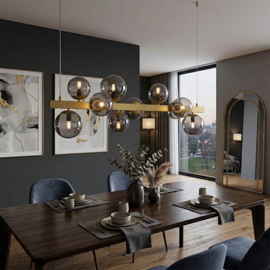 Suspension sur câble SOLARI 10xE14/15W/230V doré/noir fumé