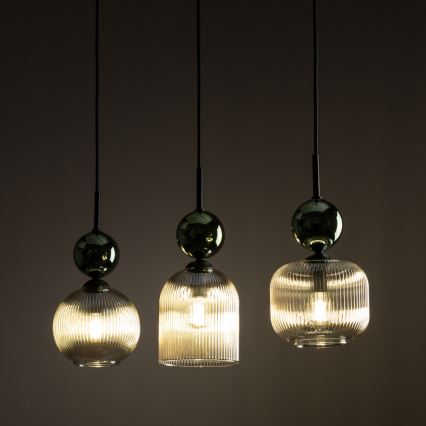 Suspension sur câble SOPHIA 3xE14/10W/230V noir/vert/beige fumé